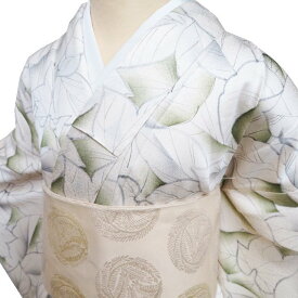 【 中古 】 小紋 着物 リサイクル 正絹 袷 カジュアル 葉っぱ模様 オフホワイト 草色 身丈169cm 裄67.5cm L トール A1202-3 [式典 観劇 普段使い お食事 kimono アウトレット 送料無料 きもの北條]