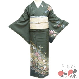 【 中古 】 訪問着 リサイクル着物 正絹 袷 フォーマル 花の図 辻が花模様 松葉色 多色 金 身丈166.5cm 裄67cm L トール A1308-3 [入学式 卒業式 お宮参り 結婚式 お茶会 お茶席 茶道 利休忌 和服 送料無料 きもの北條]