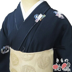 【 未使用 】 小紋 着物 正絹 袷 カジュアル 花鳥文様 反端付き 濃紺色 多色 身丈162cm 裄66cm M A1330-3 [観劇 お出かけ 街着 普段使い お食事 kimono 和服 送料無料 きもの北條]