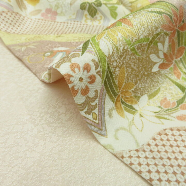 花の図松竹梅宝尽くし金駒刺繍地模様一斤染色訪問着A695-4 L