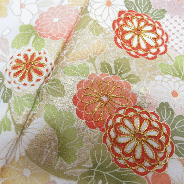 花の図松竹梅宝尽くし金駒刺繍地模様一斤染色訪問着A695-4 L