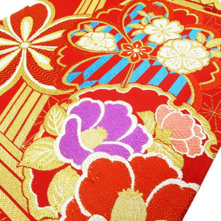 振袖用花模様菊桜椿麻の葉 正絹リサイクル 着物 袋帯 A816-4 