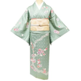 【 中古 】 訪問着 リサイクル 着物 正絹 袷 フォーマル 紋付 花模様 梅 地模様 裏葉柳色 多色 身丈162cm 裄65cm M A848-4 [ 和服 入学式 卒業式 お茶会 結婚式 アウトレット kimono 送料無料 きもの北條]