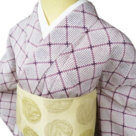 【 中古 】 リサイクル着物 正絹 単衣 カジュアル 縮緬地 ちりめん 斜め格子模様 暈し 紫系色 身丈163cm 裄63.5cm L A1020-4 [ 和服 きもの 普段着 kimono アウトレット 送料無料 きもの北條]