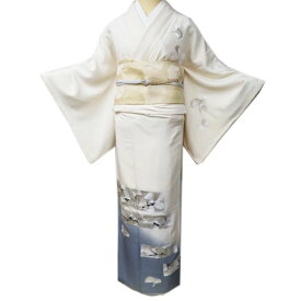 【 中古 】 付下げ 付け下げ 訪問着 リサイクル着物 正絹 袷 フォーマル 刺繍 枝松模様 暈し 練色 鉛色 身丈155cm 裄66cm S A1062-4 [ 和服 入学式 卒業式 母 お宮参り 入卒式 きもの 送料無料 きもの北條]