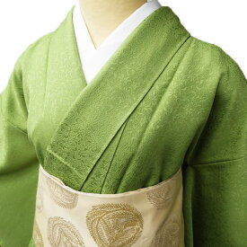 ＼ FINAL PRICE ／ 【 中古 】 色無地 着物 リサイクル 正絹 袷 カジュアル 紋なし 地模様 植物文様 苗色 身丈159cm 裄65cm M A877-4 [ 和服 入学式 卒業式 お茶会 お宮参り アウトレット きもの kimono 送料無料 きもの北條]