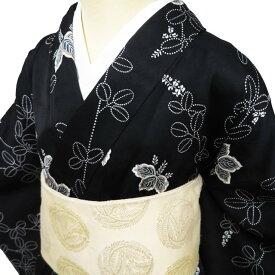 【 中古 】 小紋 リサイクル着物 正絹 袷 カジュアル 作家物 落款 桐と芝草模様 黒色 多色 身丈155cm 裄66cm S ワイド A1134-4 [式典 観劇 普段使い お食事 kimono アウトレット 送料無料 きもの北條]
