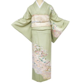 【 中古 】 訪問着 着物 リサイクル 正絹 袷 フォーマル 花の図 車輪 地紙 苗色 多色 金 身丈169cm 裄66cm L トール A1144-4 [和服 入学式 卒業式 お茶会 お茶席 茶道 結婚式 お宮参り 送料無料 きもの北條]