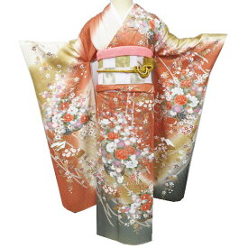 【 中古 】 振袖 リサイクル着物 成人式 結婚式 結納 花車 扇子 地模様 籠目 砥粉色 黄丹色 多色 金 身丈157.5cm 裄67cm M A1263-4 [和服 振袖 レンタルアップ アウトレット セール 販売 バーゲン 送料無料 きもの北條]