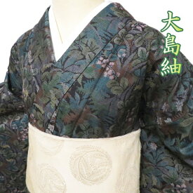 【 中古 】 大島紬 リサイクル着物 正絹 袷 カジュアル 植物文様 萩 黒色 多色 身丈161cm 裄64.5cm M ワイド A1273-4 [初詣 お出かけ 観劇 着付け教室 趣味着 街着 普段着 送料無料 きもの北條]