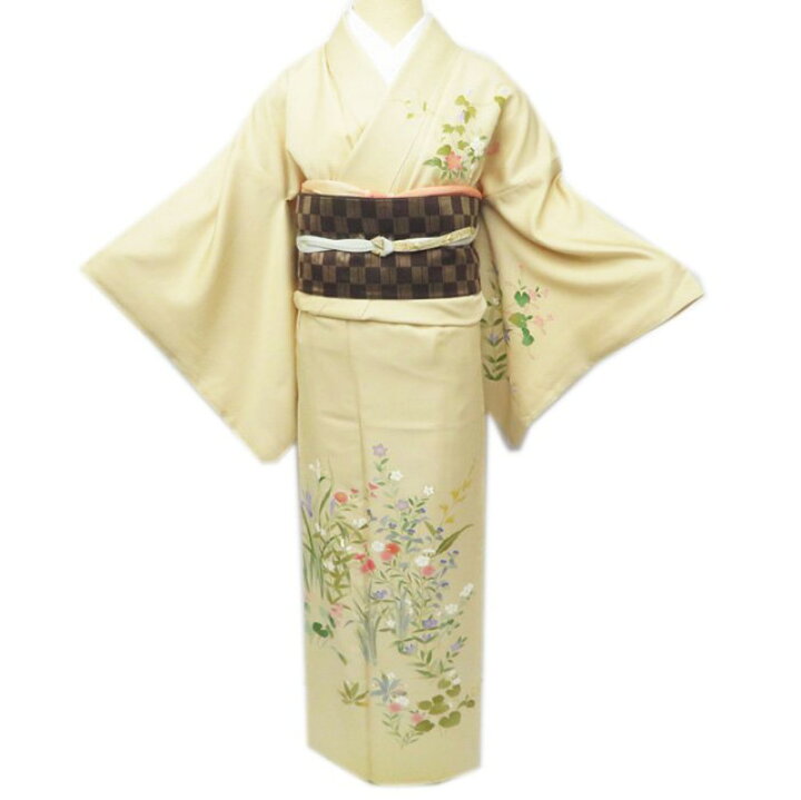 花柄波模様の黄色い着物 約70cm 新品未使用 （振袖 着物 中古 
