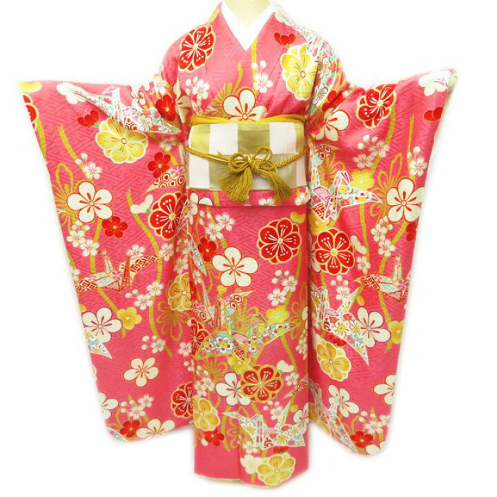 楽天市場】【 中古 】 振袖 リサイクル着物 正絹 折鶴に花模様 