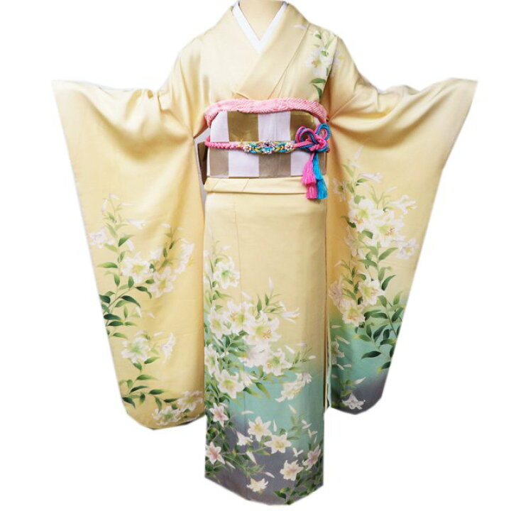 楽天市場】【 中古 】 振袖 リサイクル着物 正絹 百合の図 淡黄色 多色 