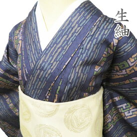 【 中古 】 生紬 リサイクル着物 正絹 袷 カジュアル 幾何学模様 灰みの青系色 多色 身丈153cm 裄63cm S A1106-5 [和服 きもの 紬 普段着 kimono アウトレット 送料無料 きもの北條]