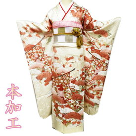 【 中古 】 振袖 リサイクル着物 正絹 本加工 金駒刺繍 花模様 几帳 地模様 練色 多色 金 身丈168cm 裄69cm L トール A1112-5 [和服 振袖 レンタルアップ アウトレット セール 販売 バーゲン 送料無料 きもの北條]