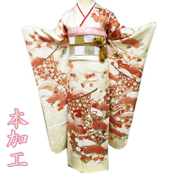 楽天市場】【 中古 】 振袖 リサイクル着物 正絹 本加工 金駒刺繍 花 