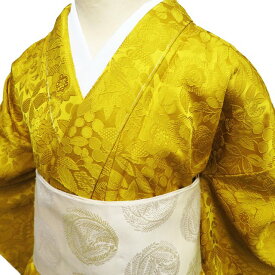 【 未使用 】 色無地 着物 正絹 袷 フォーマル 紋付き 洒落紋 地模様 花模様 深支子色 身丈165cm 裄65cm L トール A1116-5 [和服 入学式 卒業式 母 お宮参り アウトレット きもの kimono 送料無料 きもの北條]