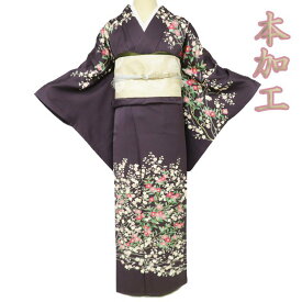 【 中古 】 訪問着 リサイクル着物 袷 華井克峯 落款 本加工 椿と梅の図 反端付き 赤墨色 多色 金 身丈166cm 裄67.5cm L トール A1144-5 [和服 入学式 卒業式 お茶会 お茶席 茶道 結婚式 お宮参り 送料無料 きもの北條]