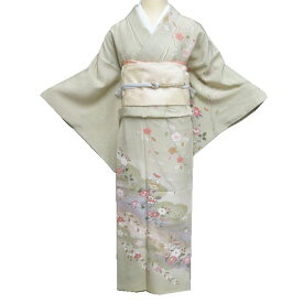 【 中古 】 訪問着 リサイクル着物 正絹 袷 フォーマル 花の図 薄い抹茶色 多色 金 身丈169.5cm 裄67cm L トール A1199-5 [和服 入学式 卒業式 お茶会 お茶席 茶道 結婚式 お宮参り 利休忌 送料無料 きもの北條]