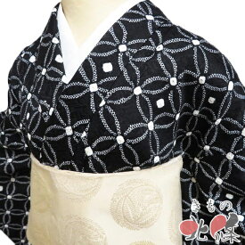 【 中古 】 小紋 リサイクル着物 正絹 袷 カジュアル 絞り染め 七宝模様 地模様 黒色 身丈167cm 裄66.5cm L トール A1301-5 [観劇 お出かけ 街着 普段使い お食事 kimono 和服 送料無料 きもの北條]