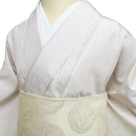 【 中古 】 紬 花織 リサイクル着物 正絹 袷 カジュアル 縦縞模様 地模様 象牙色 茶色 身丈168.5cm 裄67.5cm L トール ワイド A1328-5 [普段着 街着 観劇 お出かけ 着付け教室 趣味着 初詣 送料無料 きもの北條]