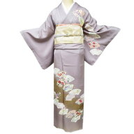 【 未使用 】 訪問着 着物 正絹 袷 フォーマル 金駒刺繍 地紙に花の図 潤色 多色 金 身丈165cm 裄66.5cm …