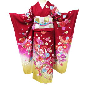 【 中古 】 振袖 リサイクル着物 正絹 成人式 結婚式 結納 花模様 桜 菊 蝶 銀通し 赤色 多色 金 身丈161cm 裄71cm M A1129-6 [和服 振袖 レンタルアップ アウトレット セール 販売 バーゲン 送料無料 きもの北條]