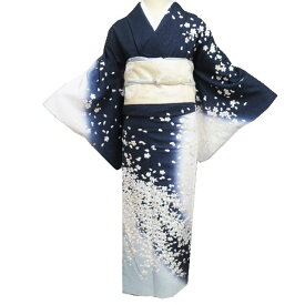 【 中古 】 訪問着 リサイクル着物 正絹 袷 フォーマル 金駒刺繍 桜の図 地模様 濃い紺色 オフホワイト 身丈159cm 裄68cm M A1153-6 [和服 入学式 卒業式 母 結婚式 お宮参り アウトレット 送料無料 きもの北條]