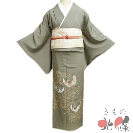 【 中古 】 色留袖 リサイクル着物 正絹 袷 紋付 五つ紋 花鳥の図 鳳凰 黄海松茶色 多色 金 身丈159cm 裄64cm M A1319-6 [和服 結婚式 披露宴 親族衣装 式典 きもの kimono 送料無料 きもの北條]