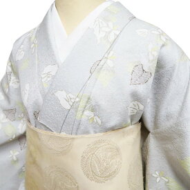 【 中古 】 小紋 リサイクル着物 正絹 袷 カジュアル 植物文様 白鼠色 多色 金 身丈167cm 裄69cm L トール A1328-6 [観劇 お出かけ 街着 普段使い お食事 kimono 和服 送料無料 きもの北條]
