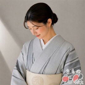 【 中古 】 紬地 リサイクル着物 正絹 単衣 カジュアル 縦段模様 グレー系色 身丈158cm 裄68cm M A1357-6 [お茶会 お茶席 茶道 観劇 お出かけ 普段着 単衣きもの 送料無料 きもの北條]