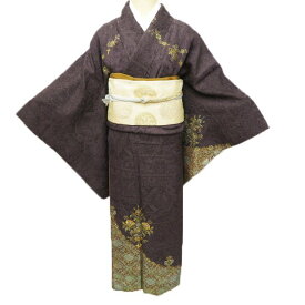 《FINAL PRICE》 【 中古 】 特選 訪問着 リサイクル着物 華文 地模様 金彩 金通し 焦茶色 丈163cm 裄69.5cm Lサイズ 富貴で華やかな装いに A792-7 [ 正絹 袷 訪問着 着物 kimono アウトレット 送料無料 きもの北條]
