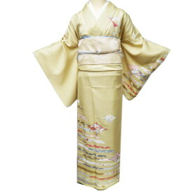 【 中古 】 訪問着 リサイクル着物 正絹 袷 金駒刺繍 花の図 吹き寄せ文 淡黄色 多色 金 身丈167.5cm 裄67.5cm L トール A1102-7 [和服 入学式 卒業式 母 結婚式 お宮参り アウトレット 送料無料 きもの北條]