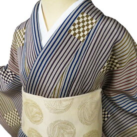 【 中古 】 小紋 リサイクル着物 正絹 袷 カジュアル 縮緬地 縦縞模様 市松模様 薄い灰汁色 多色 身丈163cm 裄66.5cm L ワイド A1125-7 [式典 観劇 普段使い お食事 kimono アウトレット 送料無料 きもの北條]