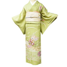 【 未使用 】 訪問着 着物 正絹 袷 フォーマル 波に植物文様 雪輪 若苗色 多色 金 身丈156.5cm 裄62cm M A999-7 [ 和服 入学式 卒業式 お茶会 結婚式 お宮参り アウトレット 送料無料 きもの北條]