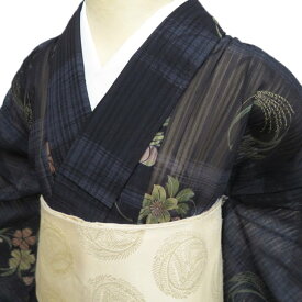 【 中古 】 夏物 小紋 リサイクル着物 ポリエステル カジュアル 花模様 稲穂 黒色 鼠色 多色 身丈159cm 裄64cm M A1172-7 [和服 夏 きもの 普段着 kimono アウトレット 送料無料 きもの北條]