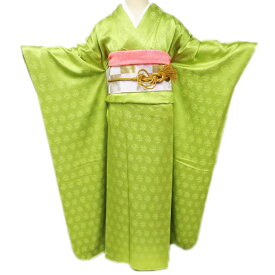 【 未使用 】 振袖 着物 色無地 地模様 紗綾形に花模様 洒落紋 成人式 結婚式 結納 黄緑色 身丈168cm 裄69.5cm L トール A1263-7 [和服 振袖 レンタルアップ アウトレット セール 販売 バーゲン 送料無料 きもの北條]