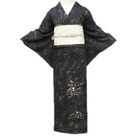 【 中古 】 付下げ 付け下げ 訪問着 リサイクル着物 正絹 袷 紋付き 刺繍 絞り染め 花模様 地模様 黒色 多色 身丈160cm 裄65cm M A1286-7 [入学式 卒業式 お宮参り 七五三 母 刺繍 和服 送料無料 きもの北條]