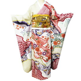 【 中古 】 振袖 襦袢 袋帯 3点 セット リサイクル着物 正絹 花模様 絞り 地模様 乳白色 多色 金 身丈171.5cm 裄67cm L トール A1098-8 [和服 振袖 レンタルアップ アウトレット セール 販売 バーゲン 送料無料 きもの北條]