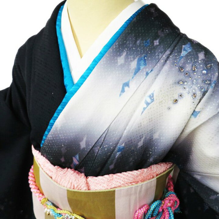 振袖 着物 中古 リサイクル 正絹 鹿の子絞り 梅模様 流水 蝶 黒色 多色 
