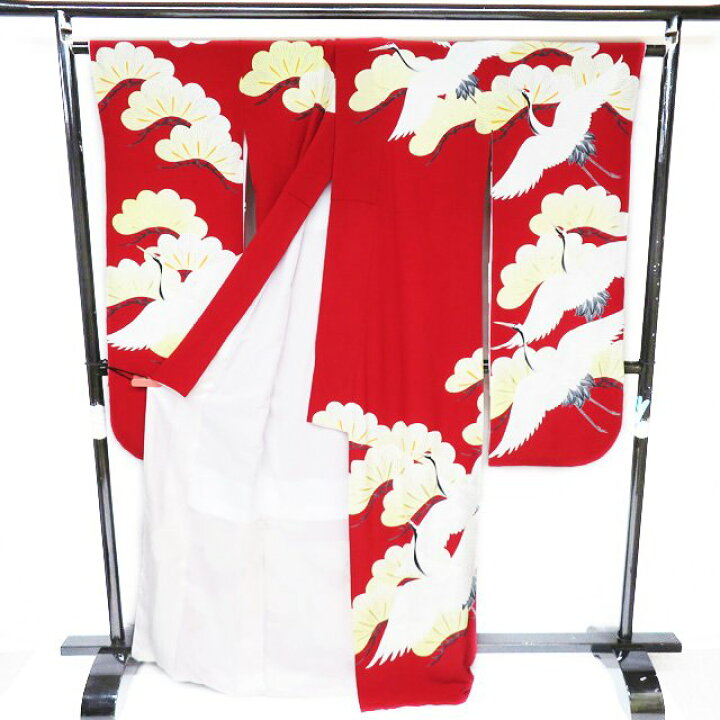 振袖 着物 中古 リサイクル 正絹 フォーマル 花模様 流水に鴛鴦 赤色  