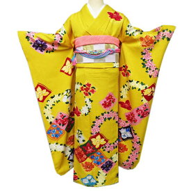 【 中古 】 振袖 リサイクル着物 正絹 成人式 結婚式 結納 作家物 落款 花模様 地模様 黄色 多色 身丈176cm 裄67cm L トール A1129-8 [和服 振袖 レンタルアップ アウトレット セール 販売 バーゲン 送料無料 きもの北條]