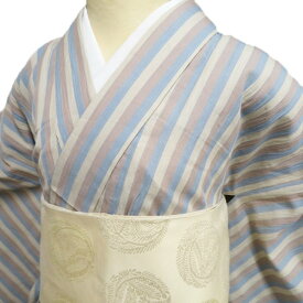 【 中古 】 小紋 リサイクル着物 綿麻 夏物 カジュアル 縦縞模様 ストライプ 亜麻色 胡桃染色 薄花色 身丈155.5cm 裄65.5cm S A1221-8 [和服 夏きもの 茶席 茶会 普段着 kimono アウトレット 送料無料 きもの北條]