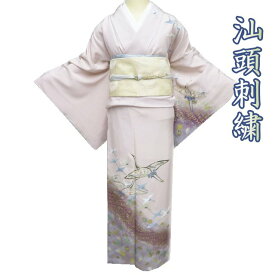 【 中古 】 訪問着 リサイクル着物 正絹 袷 汕頭刺繍 スワトウ 鶴の図 観世水 灰梅色 多色 金銀 身丈171.5cm 裄70.5cm L トール A1224-8 [和服 入学式 卒業式 母 結婚式 お宮参り アウトレット 送料無料 きもの北條]