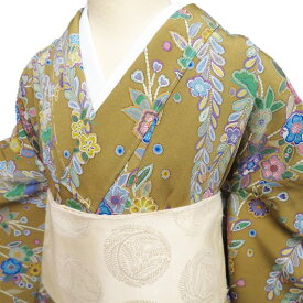 【 未使用 】 小紋 着物 正絹 袷 カジュアル 花模様 辻が花模様 桑茶色 多色 身丈167cm 裄67cm L トール A1282-8 [観劇 お出かけ 街着 普段使い お食事 kimono 和服 送料無料 きもの北條]