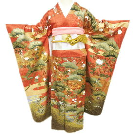 【 中古 】 振袖 リサイクル着物 正絹 成人式 結納 金駒刺繍 花の図 松梅 流水 雲 地模様 赭色 多色 金 身丈164.5cm 裄70cm L A1283-8 [和服 振袖 レンタルアップ アウトレット セール 販売 バーゲン 送料無料 きもの北條]