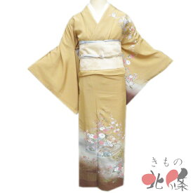 【 中古 】 訪問着 リサイクル着物 正絹 袷 フォーマル 花の図 波に小舟 やや濃い麦藁色 多色 金 身丈163.5cm 裄66cm L A1306-8 [入学式 卒業式 お宮参り 結婚式 お茶会 お茶席 茶道 利休忌 和服 送料無料 きもの北條]