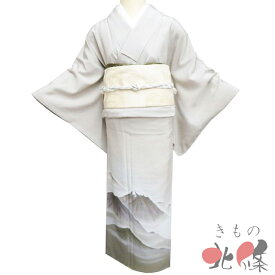 【 未使用 】 付下げ 付け下げ 訪問着 着物 正絹 袷 風景 山々の図 反端付き 亜麻色 多色 身丈158.5cm 裄64.5cm M A1331-8 [和服 入学式 卒業式 お茶会 お茶席 茶道 お宮参り 利休忌 送料無料 きもの北條]