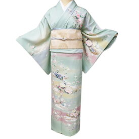 【 中古 】 訪問着 リサイクル着物 正絹 袷 フォーマル 花の図 秋草 雲 霞 暈し 薄緑色 多色 金 身丈153.5cm 裄65cm S ワイド A1001-9 [ 和服 入学式 卒業式 お茶会 結婚式 お宮参り アウトレット 送料無料 きもの北條]