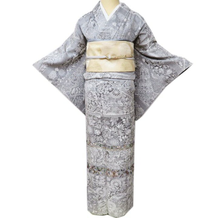 訪問着 身丈166cm 裄丈69.5cm L 袷 山岡古都 落款あり 竹林 灰色 正絹  